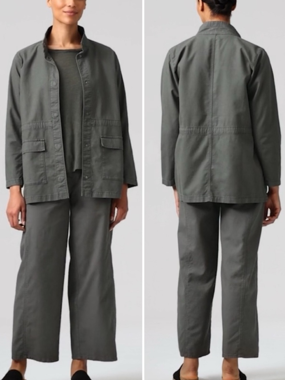 Eileen Fisher Stand Collar Jacket Organic Cotton/Hemp XL Snap Grey Workwear